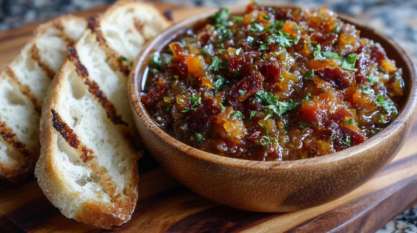 A wooden bowl filled with chunky bacon jam and Bacon Serrano Peach Relish, garnished with herbs, sits next to slices of toasted bread on a wooden board.