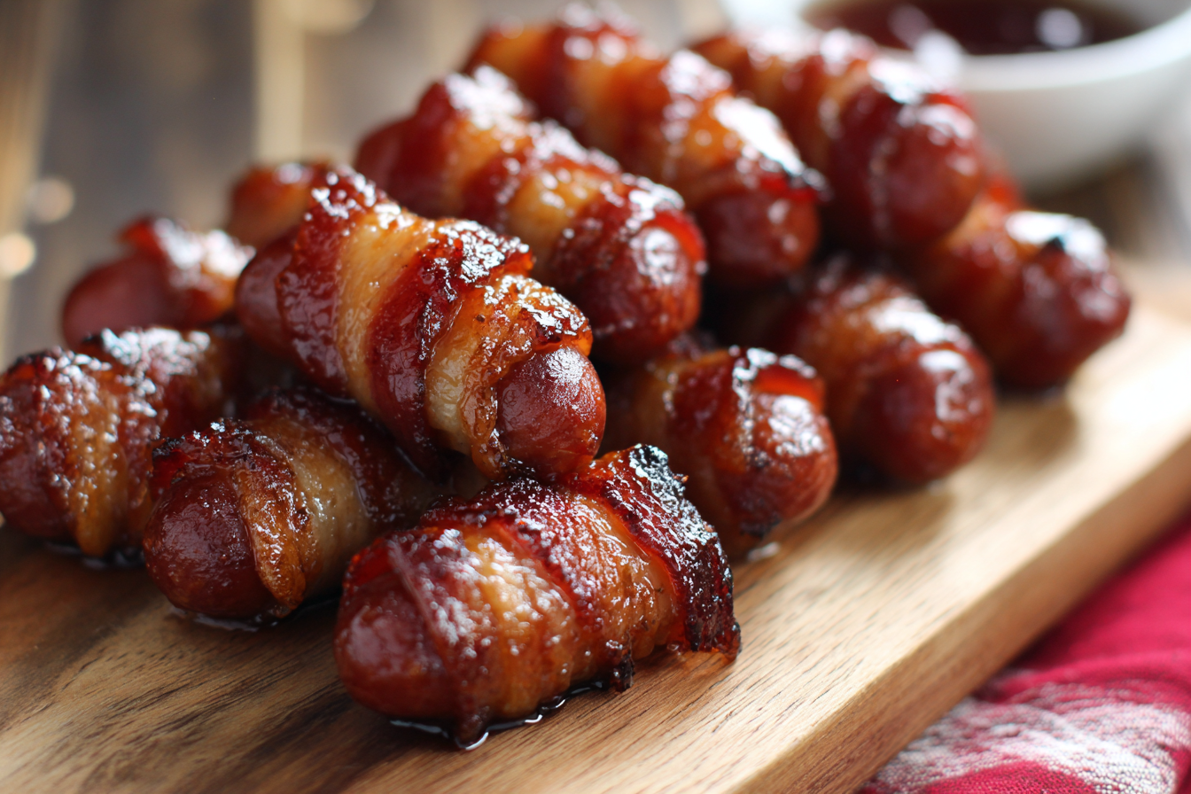 A pile of Bacon-Wrapped Smokies with Brown Sugar sits on a wooden board, with a bowl of sauce in the background.