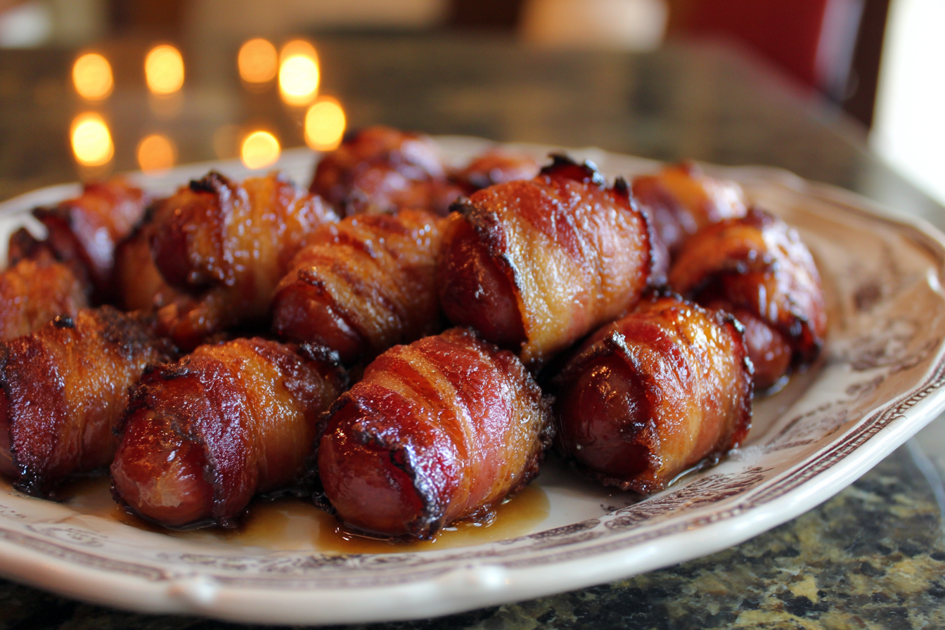 A plate of Bacon-Wrapped Smokies with Brown Sugar, glazed with sauce and arranged closely together on a decorative dish.