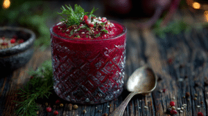 A glass with deep red beet soup garnished with herbs, spices, and a dollop of beet horseradish sauce sits on a rustic wooden table next to a spoon and scattered seasoning.