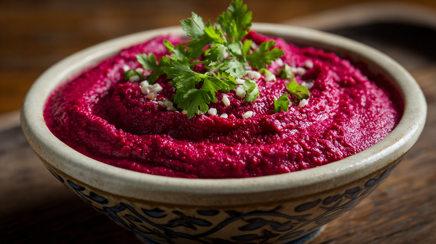 A bowl of beet horseradish sauce hummus topped with chopped herbs and sesame seeds sits on a wooden surface.