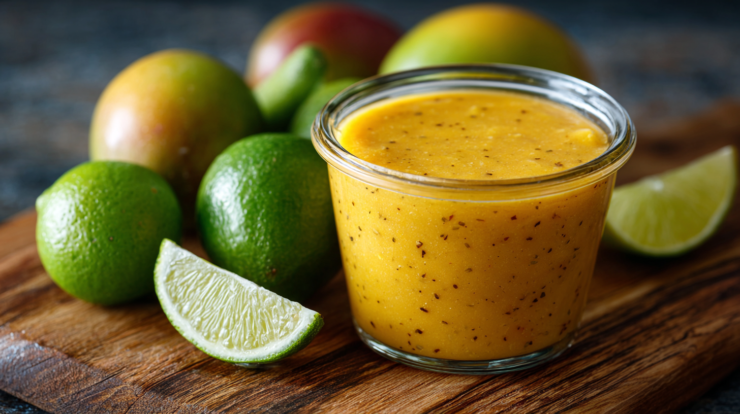 A glass jar of Spicy Mango Lime Sauce sits on a wooden board, surrounded by whole limes, mangoes, and lime wedges in the background.