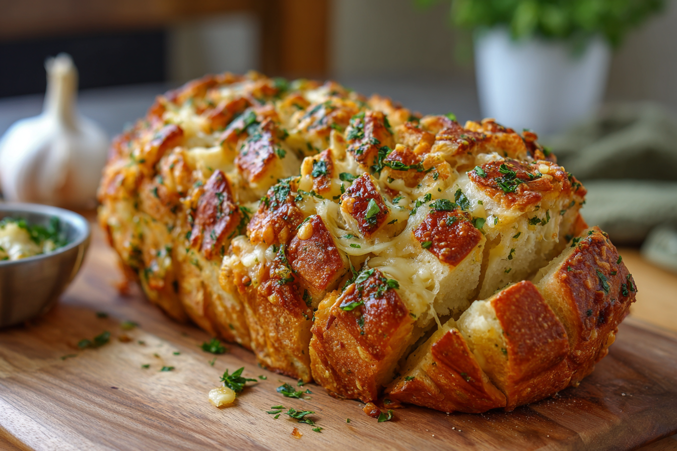 A loaf of Cheesy Pull-Apart Garlic Bread with melted cheese and chopped herbs sits on a wooden cutting board. Garlic and a bowl of herb butter are in the background, adding to the rustic charm.