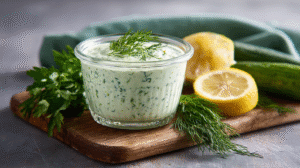 A glass bowl of creamy cucumber dill yogurt-free sauce garnished with dill, surrounded by fresh parsley, dill, cucumber, and sliced lemon on a wooden board.