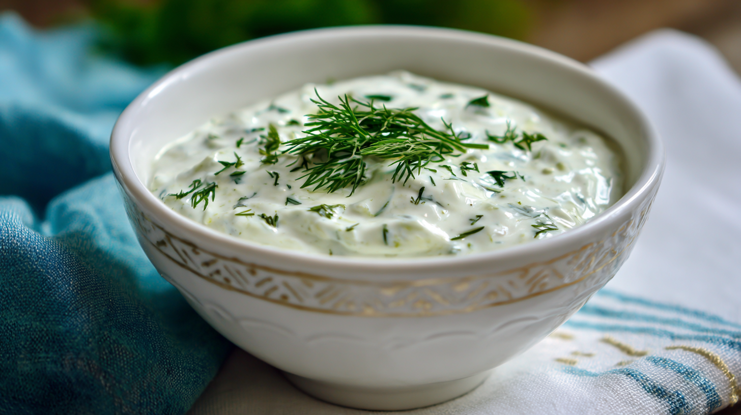 A white bowl filled with creamy cucumber dill tzatziki sauce, completely yogurt-free, is garnished with fresh dill and sits on a white and blue cloth.