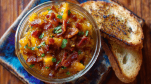 A glass bowl of Bacon Serrano Peach Relish garnished with herbs, served with slices of toasted bread on a blue ceramic plate.