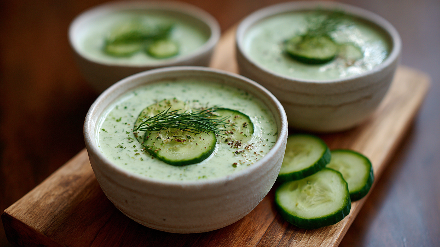 Three bowls of chilled cucumber dill soup, garnished with cucumber slices and fresh dill, sit on a wooden board alongside extra cucumber slices and a tangy yogurt-free sauce.