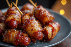 A plate of Bacon-Wrapped Smokies with Brown Sugar, secured with toothpicks and sprinkled with coarse salt.