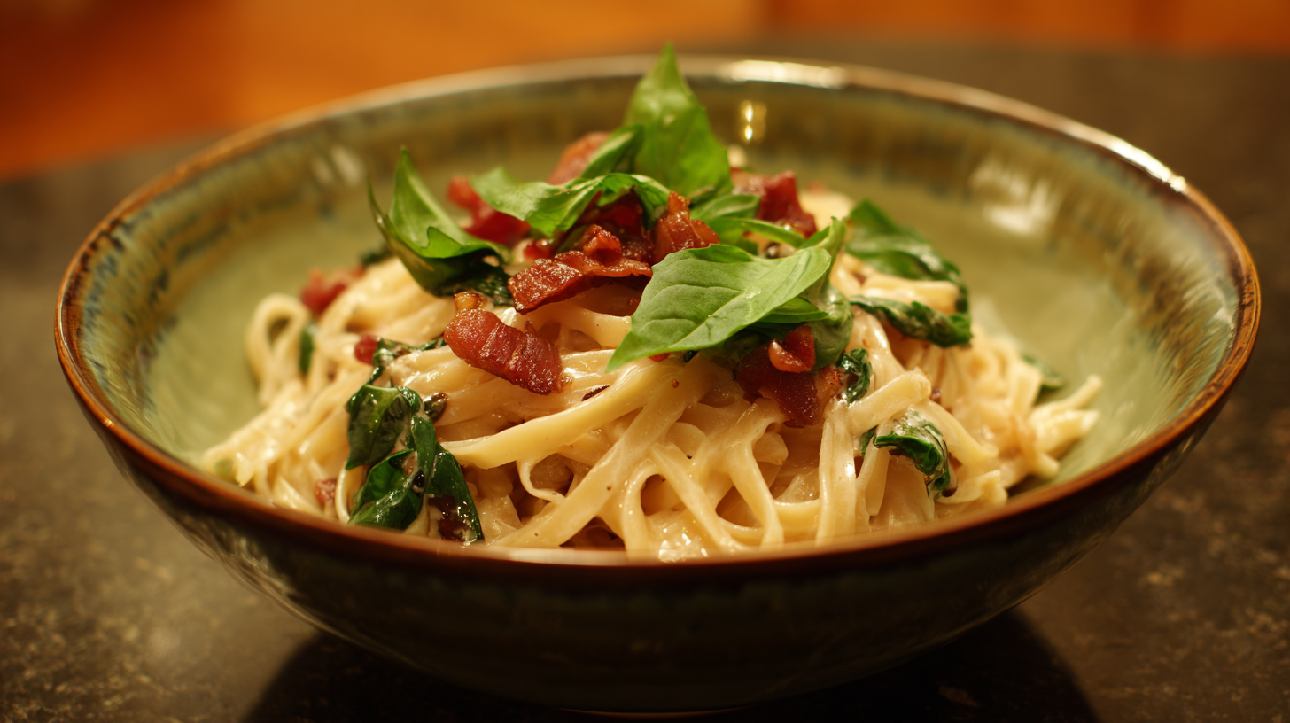 A bowl of creamy pasta topped with spinach, crispy bacon pieces, and fresh basil leaves on a dark countertop.
