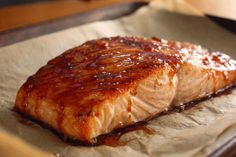 A baked salmon fillet coated with a shiny brown sugar glaze sits on a sheet of parchment paper, making this Baked Salmon with Brown Sugar Glaze an irresistible dish.