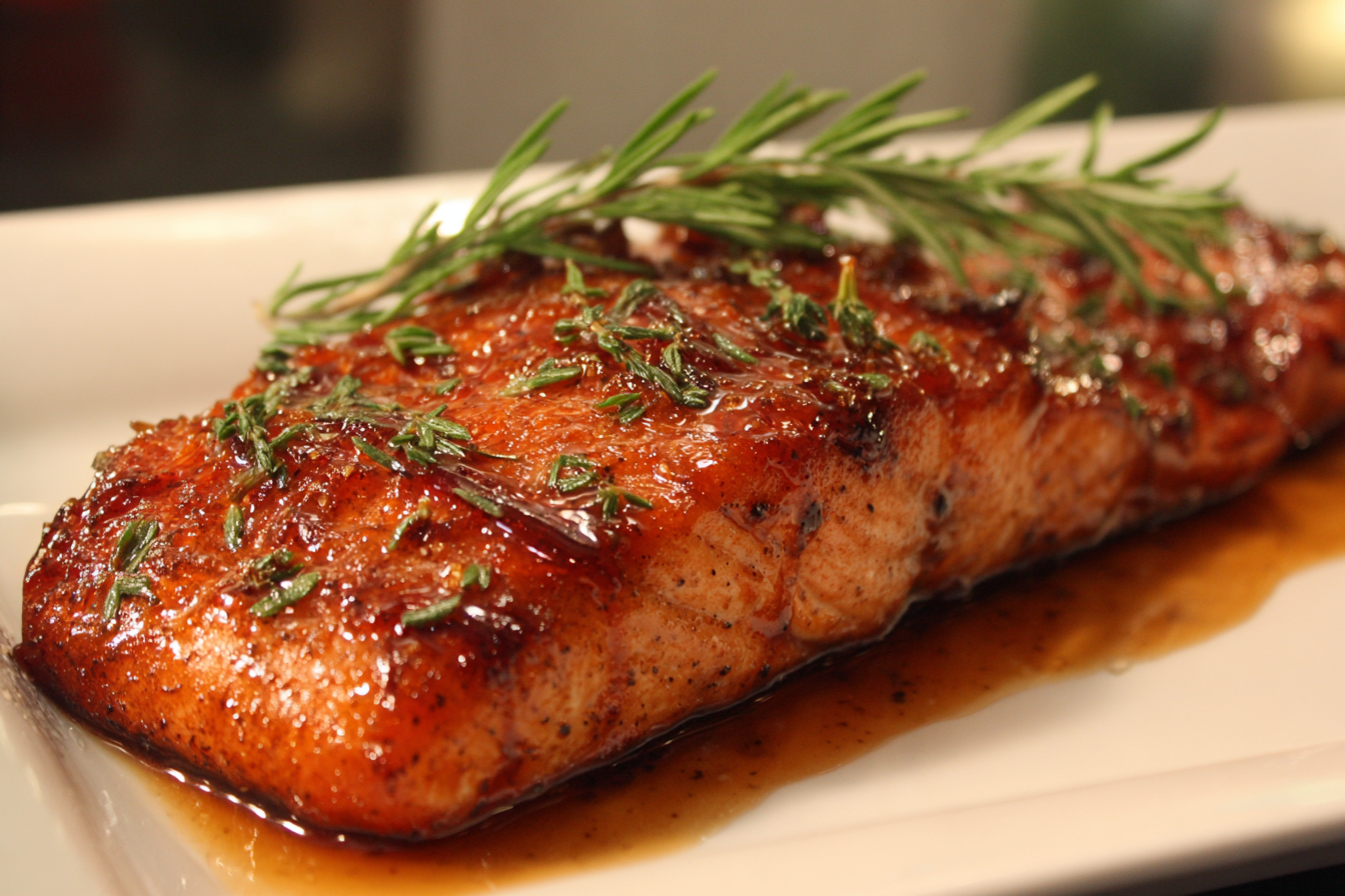 A glazed, cooked Baked Salmon with Brown Sugar Glaze fillet is garnished with fresh herbs and a sprig of rosemary on a white plate.