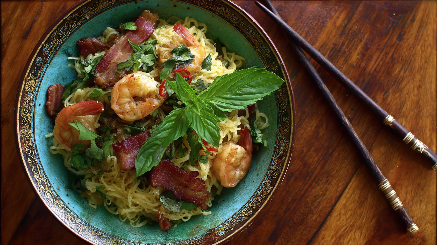 A bowl of noodles topped with shrimp, bacon, herbs, and a sprig of basil, with chopsticks beside it on a wooden table.