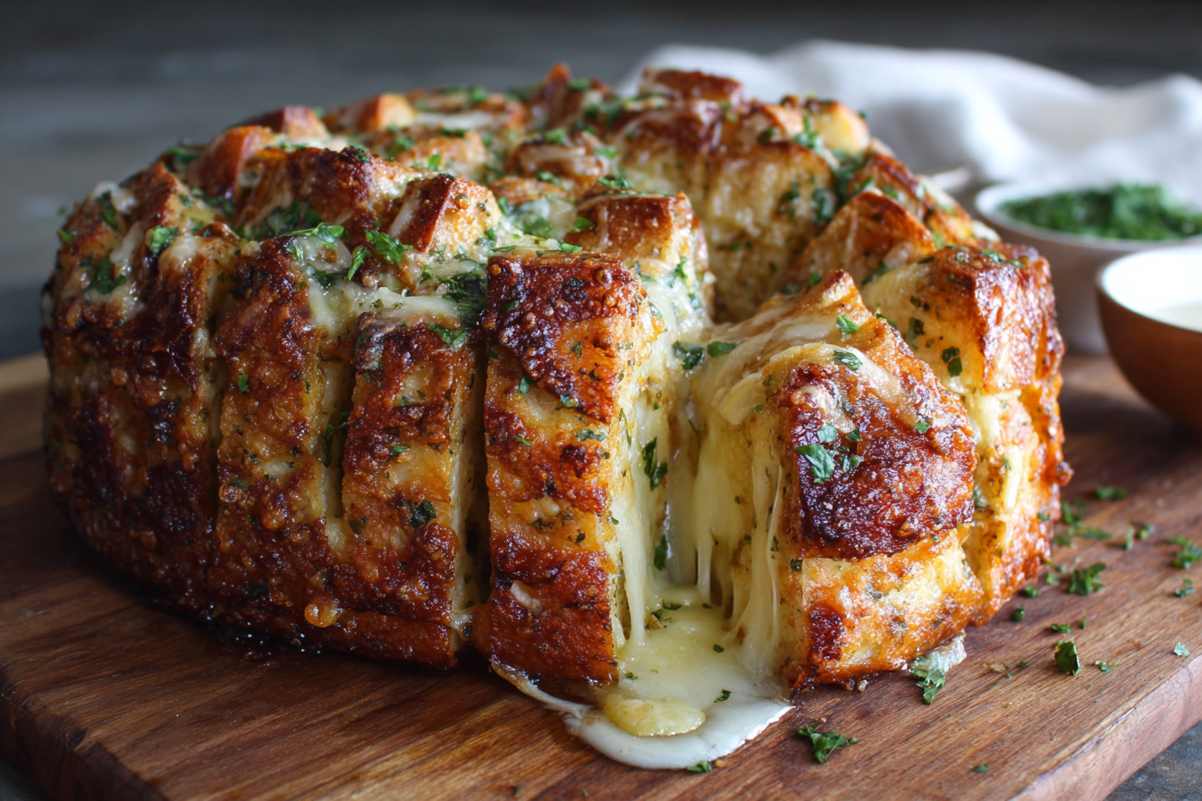 Cheesy Pull-Apart Garlic Bread with melted cheese and herbs fills each sliced section of this loaf, served on a wooden board.