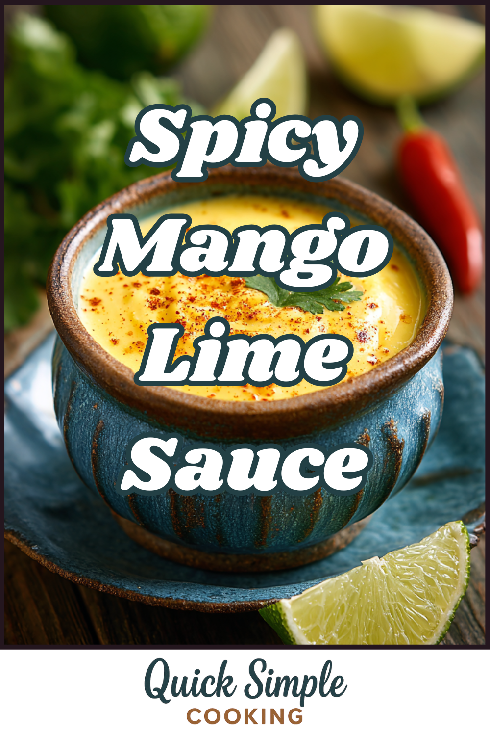 A bowl of creamy Spicy Mango Lime Sauce garnished with herbs and spices, with fresh lime wedges and a red chili pepper on the side. Text reads: Spicy Mango Lime Sauce.