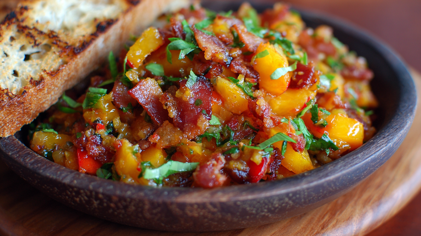 A wooden bowl filled with chopped Bacon Serrano Peach Relish topped with herbs, served next to a slice of toasted bread.