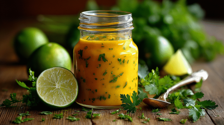 A jar of Spicy Mango Lime Sauce with chopped herbs sits on a wooden surface, surrounded by fresh limes, cilantro, and a spoon.