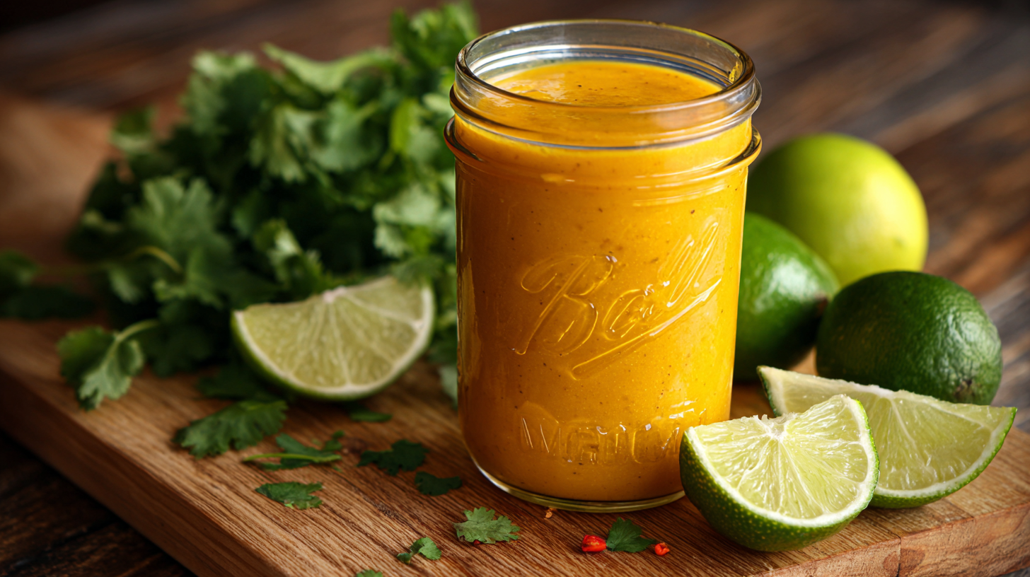 A glass jar filled with Spicy Mango Lime Sauce sits on a wooden board, surrounded by cilantro and cut limes.